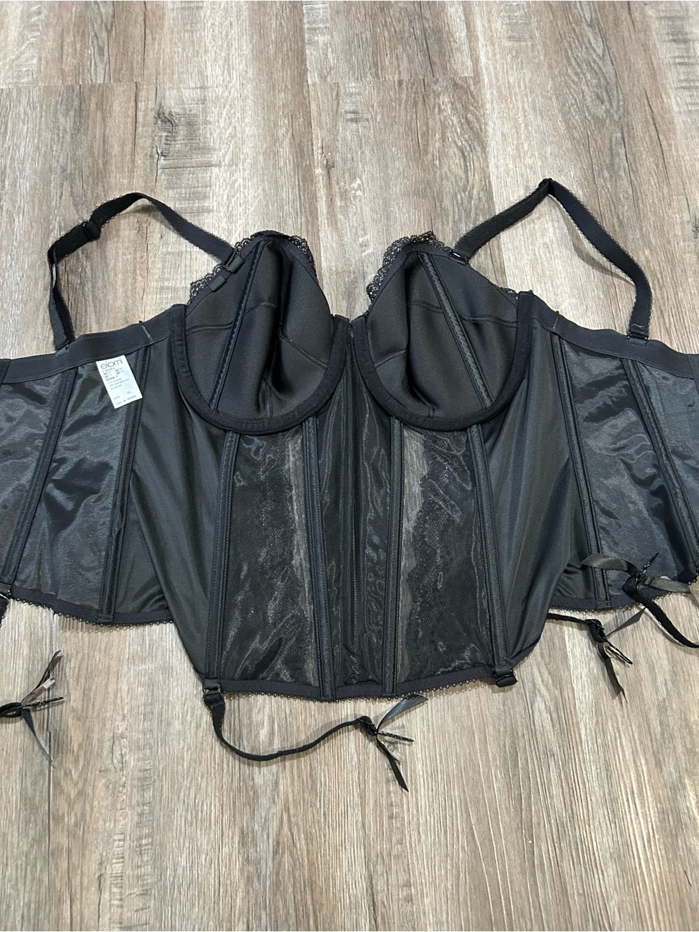 Vintage-Inspired Black Satin Lace Corset Top with Garter Straps Elomi Sz 34F - Picture 12 of 15